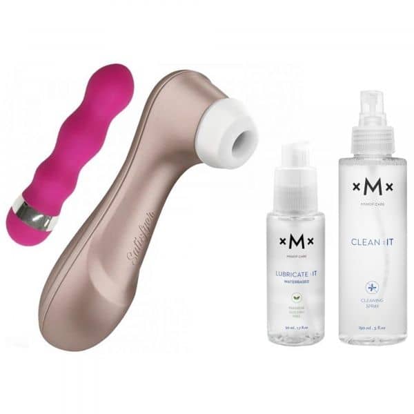 Satisfyer Pro 2 med vibrator, glidecreme og rengøring