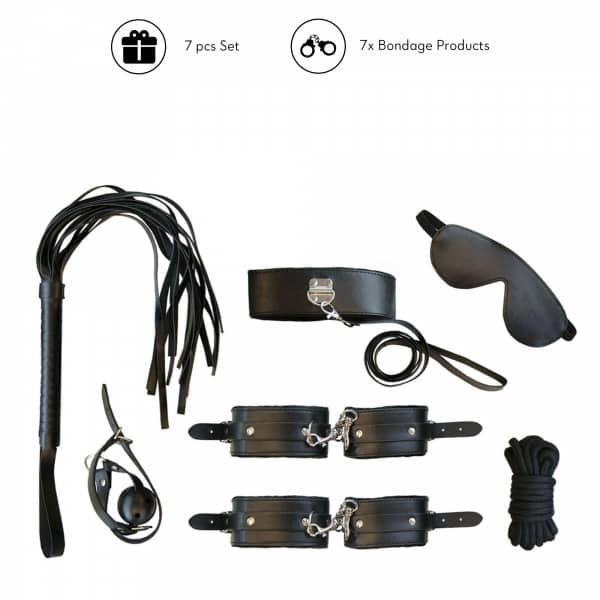 BDSM og bondage kit med reb, blindfold, pisk, hånd & fodmanchetter, gagball og halskæde med snor.