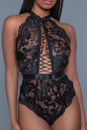 Lingeri BeWicked Margot Bodysuit Black - Halterneck body  i spets