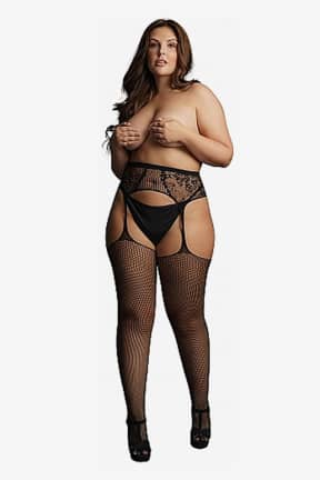 Lingeri Le Désir Fishnet and Lace Garterbelt Stockings OSX - Bodystockings