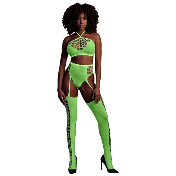 Glow In The Dark Two Piece With Crop Top And Stockings Green OS