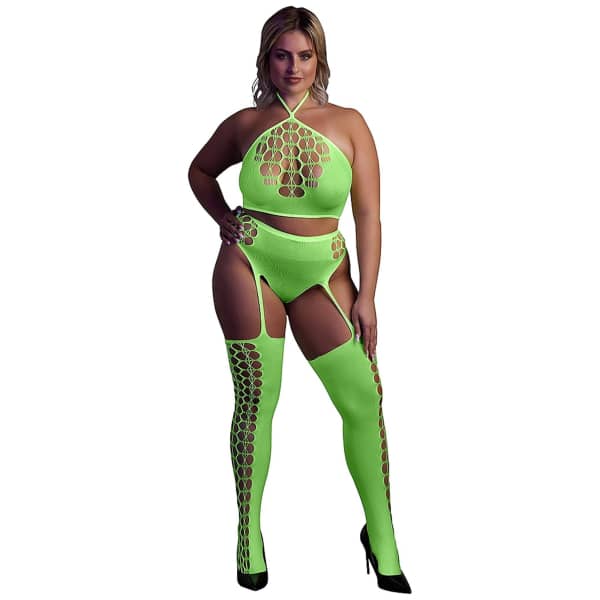 Glow In The Dark Two Piece With Crop Top And Stockings Green OSX