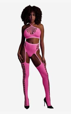 Sexet Lingerie Glow In The Dark Two Piece With Crop Top And Stockings Pink
