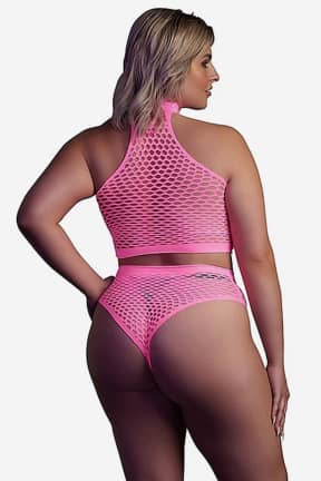 Sexet Lingerie Glow In The Dark Turtle Neck And High Waist Slip Pink