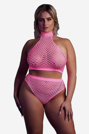 Lingeri Glow In The Dark Turtle Neck And High Waist Slip Pink