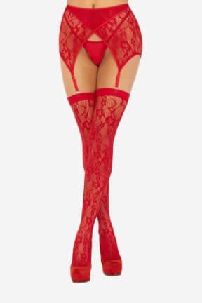 Lingeri Lace Thigh Tighs And Garterbelt - Strømpebåndsholder, inkluderet stayups i sexet fiskenet