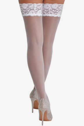 Sexet Lingerie Cottelli Legwear - Hold Up Stockings - White - Bred blondetop med silikonekant holder dig frækt på plads uden hofteholder. Lækre, transparente 17-20 denier med Oeko-Tex tryghed og god holdbarhed.