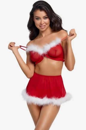 Cottelli Lingerie - Set X-Mas - Fjerkant og rød powernet giver et frækt, gennemsigtigt look, der tænder selvtilliden. Elastisk pasform med justerbare stropper og 3 dele, du kan mikse som du vil.