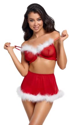 Cottelli Lingerie - Set X-Mas - Rød powernet, fjer og fræk pasform der krammer kroppen og vækker blikke.  
Blød 4-vejs stretch, let shaping og justerbare detaljer for en fristende, sikker følelse.