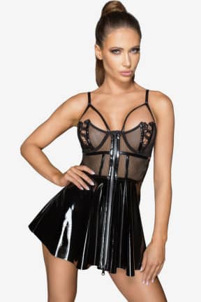 Lingeri Noir Vinyl Mini Dress Black - Højglans, der krammer kroppen og stjæler blikket med en fræk, tæt pasform.  
2-vejs lynlås foran giver legende kontrol over, hvor meget du afslører.
