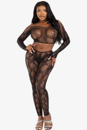 Alle Leg Avenue - Python Crop Top & Footless Tights - Slangeret blonde og net, der smyger sig om kroppen og tænder blikket.  
Top og højtaljede tights kan mikses frit, så du let skifter stil og humør.