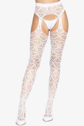 Lingeri Leg Avenue - Heart Net Suspender Hose White - Fræk hjerte-net med indbygget hofteholder-look, helt uden ekstra bælte.  
Ultrablød, elastisk og åndbar, med forstærket tå til komfort hele natten.