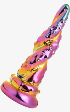 Creature Cocks - Enchanting Rainbow Glass Dildo - Yellow & Pink - Iridescerende glasdildo med kraken-look og spiraltekstur, der pirrer helt tæt på. Fast, nonporøs og klar til temperaturleg - nem at rengøre og så lækker at holde om.
