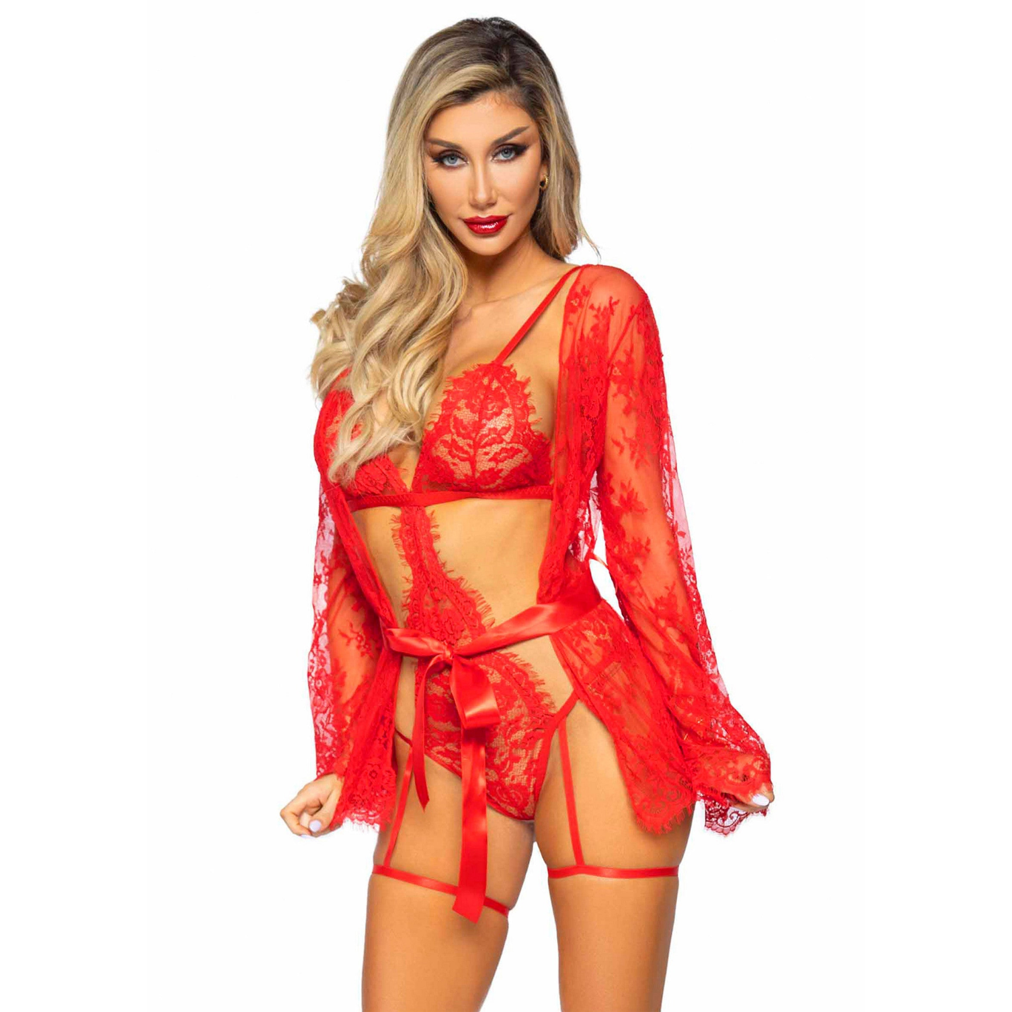 Leg Avenue - Garter Teddy with String Back and Robe Red L