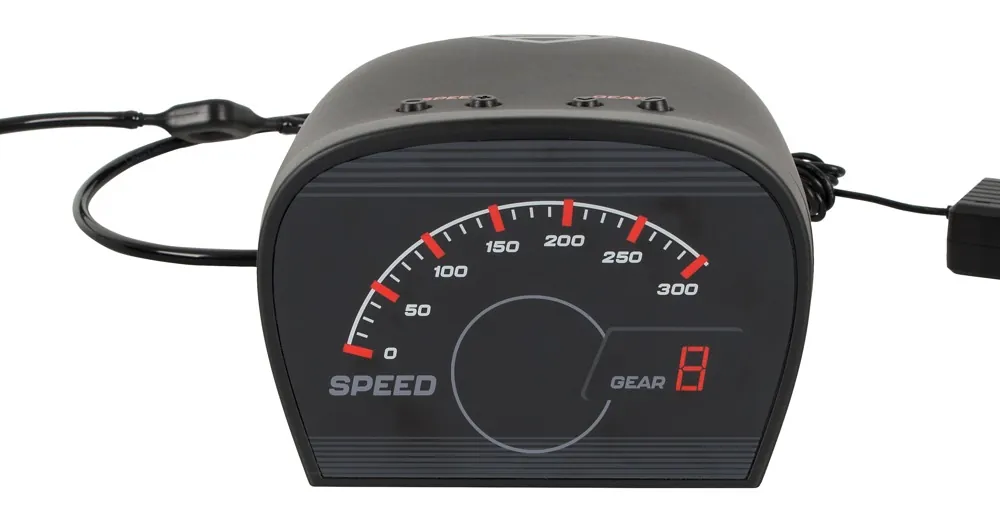 Speedometer-displayet på Suck-O-Mat 2.0 med hastighed og gear